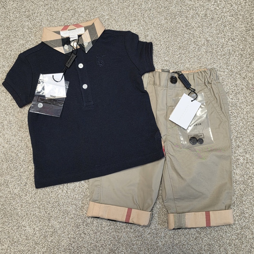 Burberry Infant Boys 6M Navy Polo Shirt Taupe Nova Check Cuff Pants 2pc Set NWT